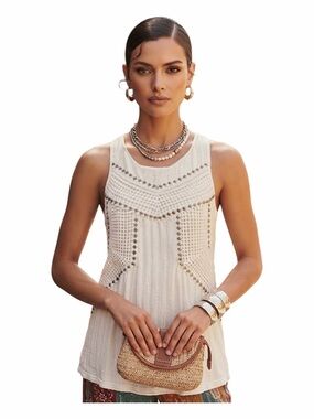 Free People Beaded Crochet Tank Top Ivory Macrame Boho Tunic Size Medium
